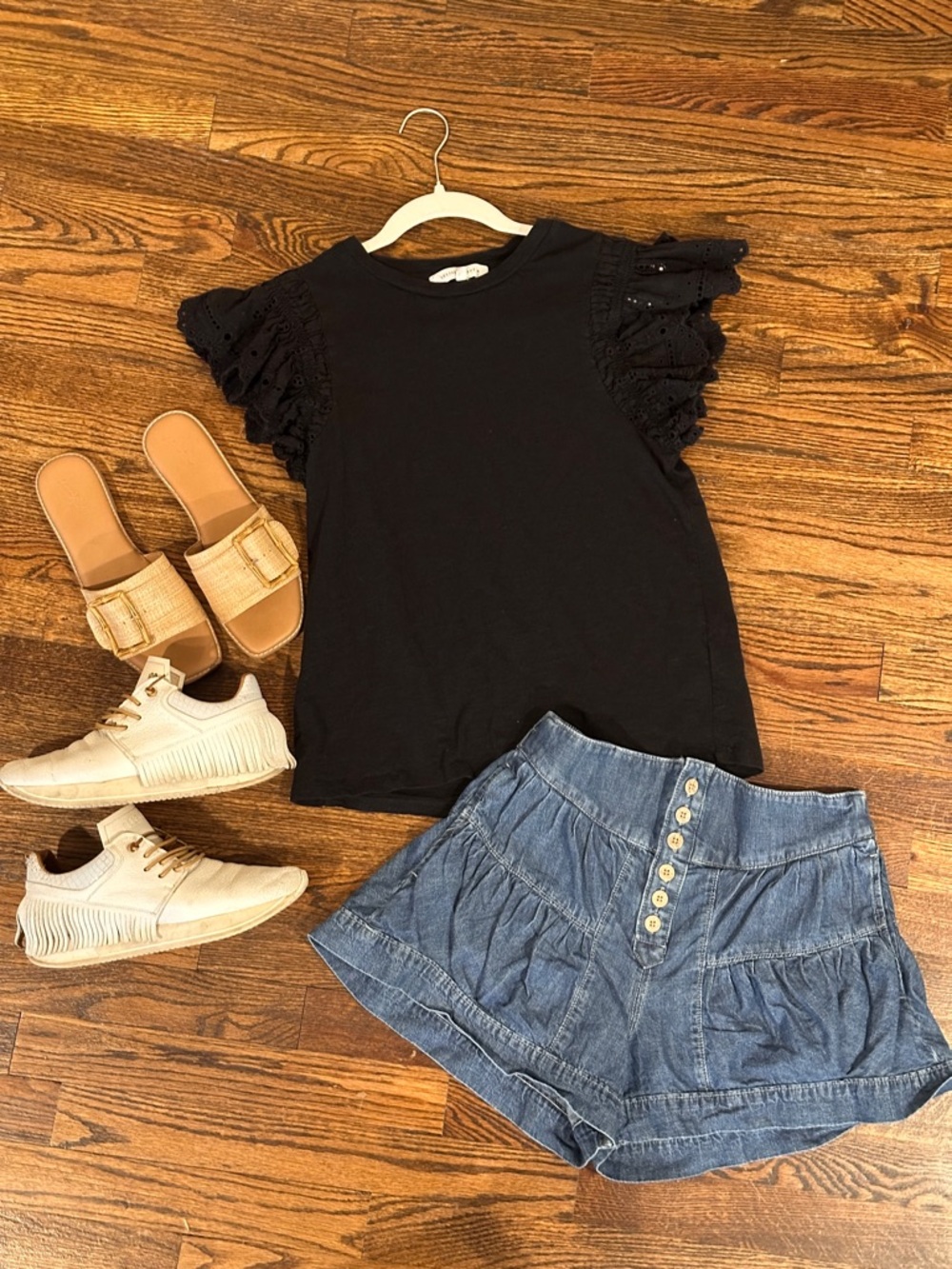 Black Eyelet Sleeve Tee with Ruffle